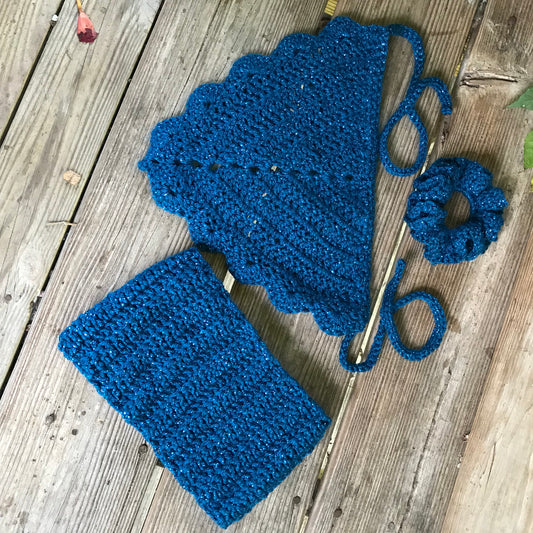 Sparkle Blue Set - Ear Warmer, Scruncie and Bandana